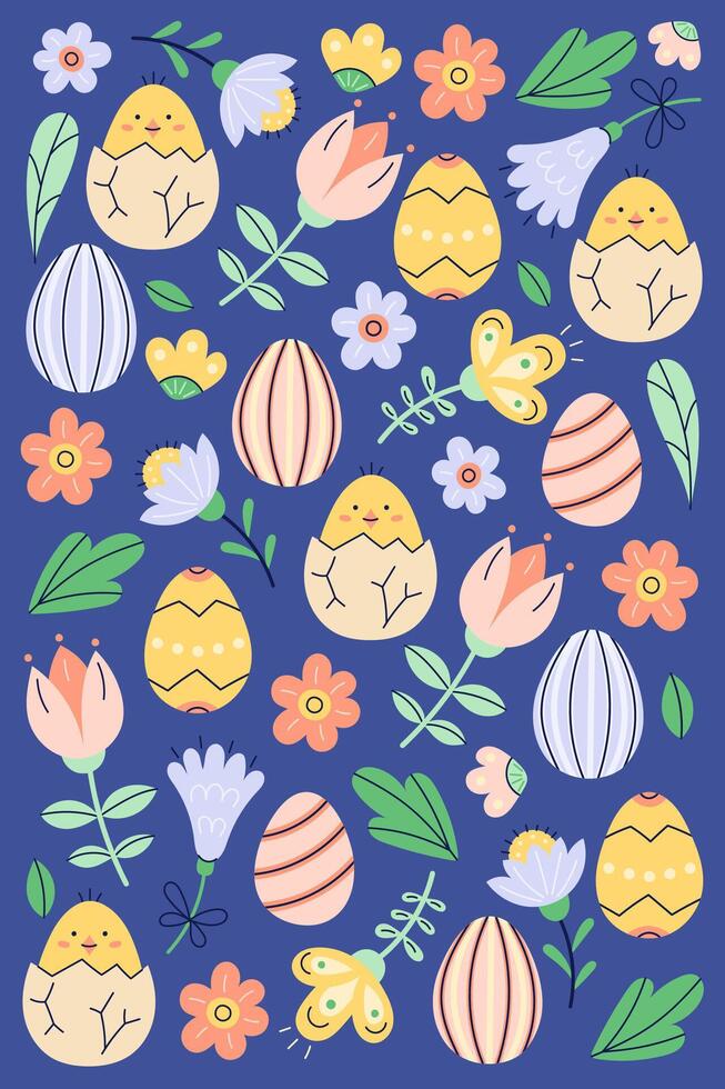 Happy Easter vertical poster with painted eggs and flowers. Greeting hand drawn card on dark background. Flat illustration with partial outline. Isolated illustration. vector