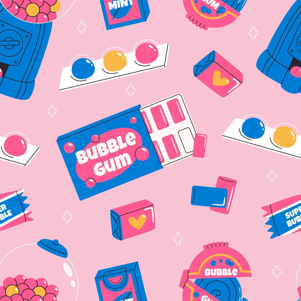 Colorful bubble gum seamless pattern. Retro style elements backdrop. Vintage background on pink background. vector