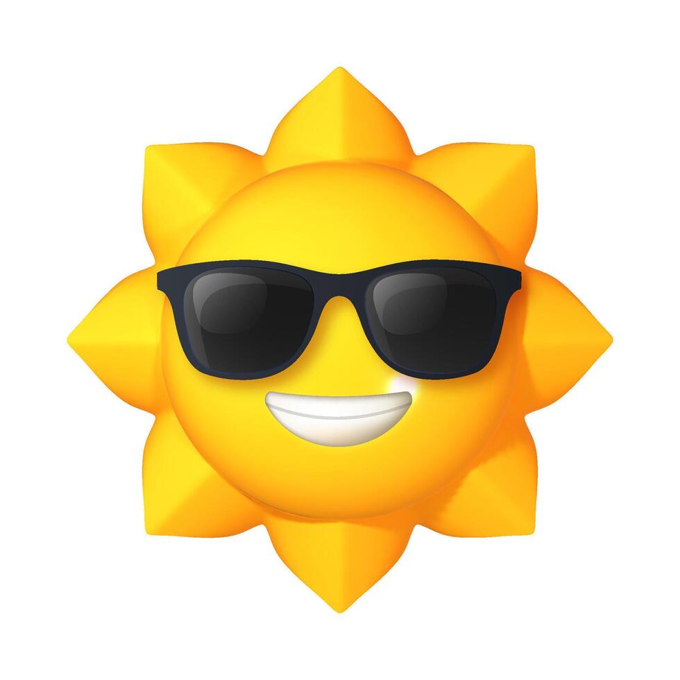 3D sun emoji icon with sunglasses, isolated on white. Bright yellow sunshine symbol for weather, climate, and summer vacation concepts. vector