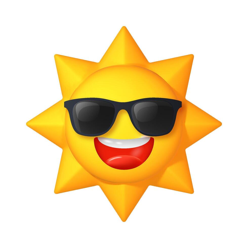 3D sun emoji icon with sunglasses, isolated on white. Bright yellow sunshine symbol for weather, climate vector