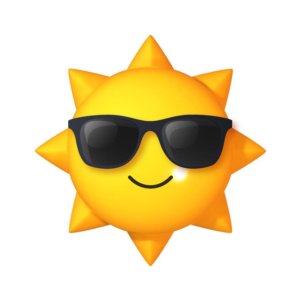 3D sun emoji icon with sunglasses, isolated on white. vector