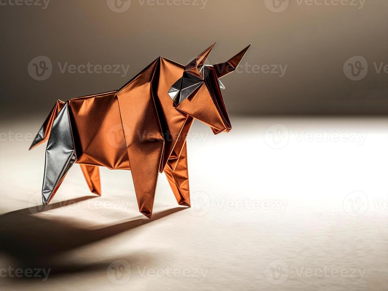 gold metallic origami bull sculpture precisely folded to showcase a powerful sleek design with realistic contours and a modern artistic finish placed against a neutral minimalist backdrop photo