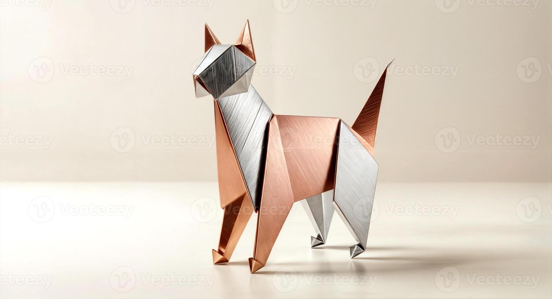 a highly detailed metallic origami cat sculpture with a silver head gold body and tail precisely folded to create a geometric modern design standing against a neutral minimalist background photo