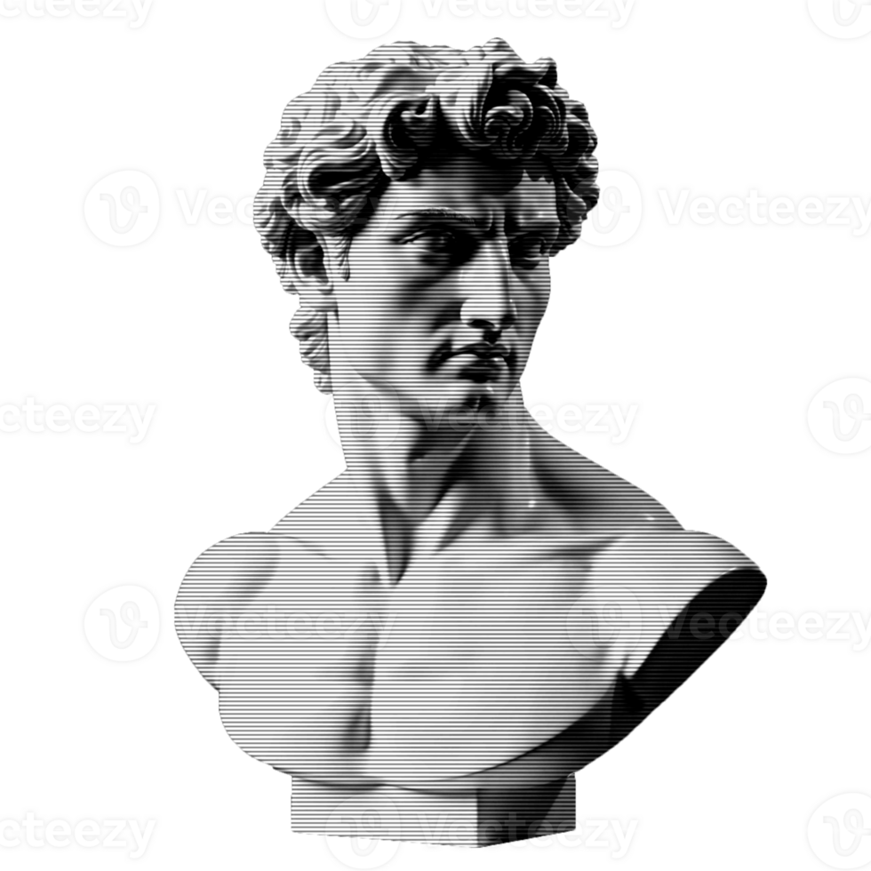 Glitch bust sticker with digital distortion. Cyberpunk and vaporwave aesthetic in monochrome. Perfect for futuristic, abstract, and modern design projects. png