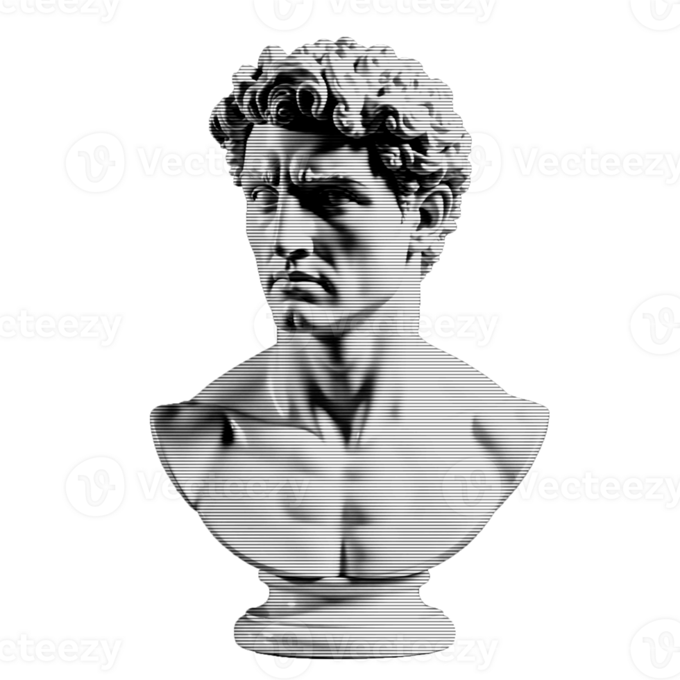 Digital bust sticker with pixel noise. Cyberpunk-inspired glitch statue with a contemporary aesthetic. Suitable for experimental art. png