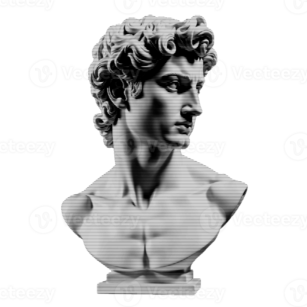 Glitchy monochrome bust with cyberpunk vibes. Pixelated distortion on a classic sculpture. Ideal for artistic and experimental use. png