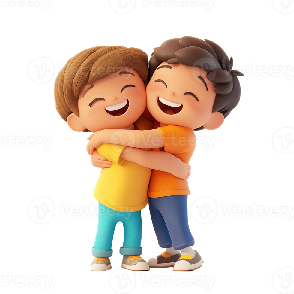 Two animated boys are happily hugging each other tightly and smiling png