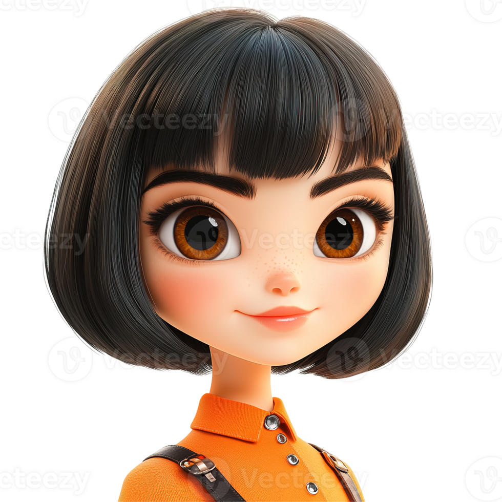 A friendly cartoon character with dark hair and brown eyes png