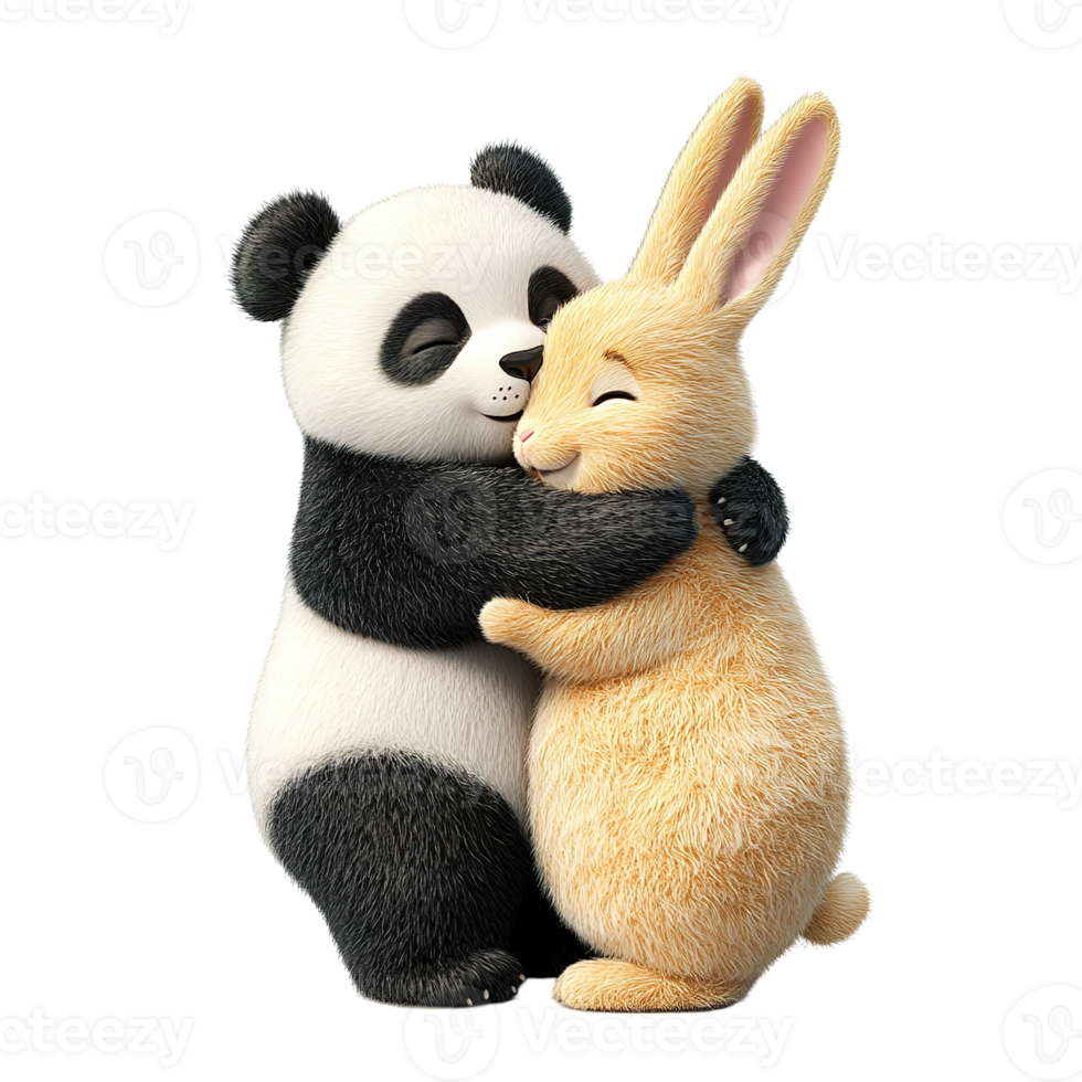 A panda and a rabbit are embracing each other happily png