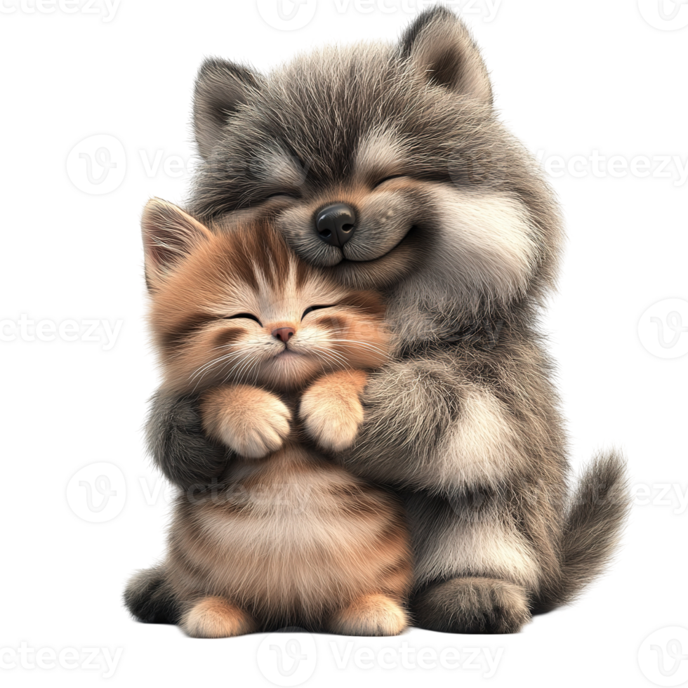 A fluffy dog lovingly hugging a small and adorable kitten tightly png