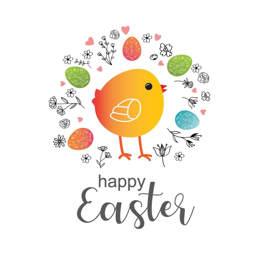 Easter eggs, many flowers and inscription, Happy Easter. vector