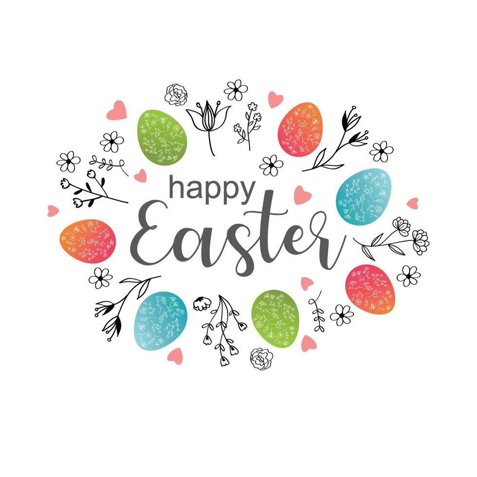 Easter green, red and blue eggs, many flowers and inscription, Happy Easter. vector