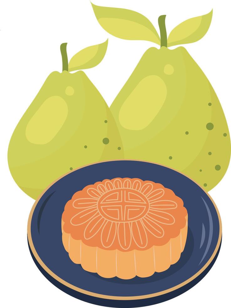 Pomelo Fruit and Moon Cake Traditional Dessert Illustration Graphic Element Art Card vector
