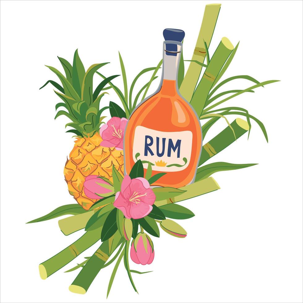 sticker with bottle of rum, pineapple and flowers. Tropical vacation emblem. Illustration for beach bar menu. vector