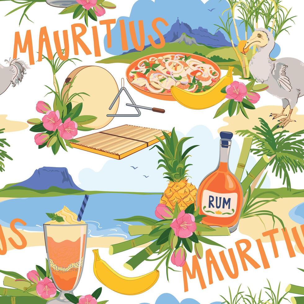 Pattern with Mauritius island landmarks in flat style. sugar cane, Peter mountain, endemic Dodo, Trochetia boutoniana flowers, pineapple, falooda, millionaire salad, Sega musical instruments. vector