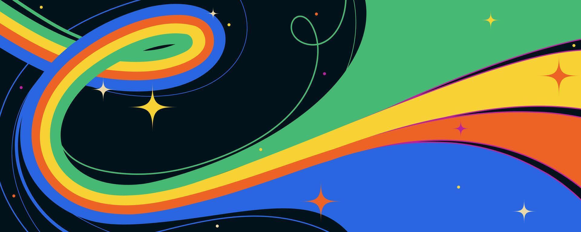 Groovy 90s Horizontal Banner with Abstract Hand Drawn Lines and Simple Stars. Cartoon minimal design with hippie vibes. Perfect for web, print, posters, decor vector