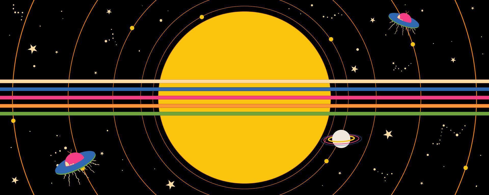Groovy 90s Horizontal Banner with Sun, Stars and Aliens. Cartoon minimal design with hippie vibes. Perfect for web, print, posters, decor vector
