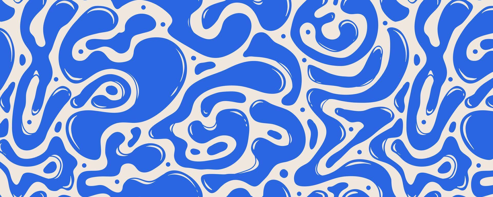 Retro Abstract Seamless Pattern with Liquid Blue Organic Forms. Decorative groovy fluid shapes isolated on white background. Hand drawn geometric bulky lines. Hippie banner vector