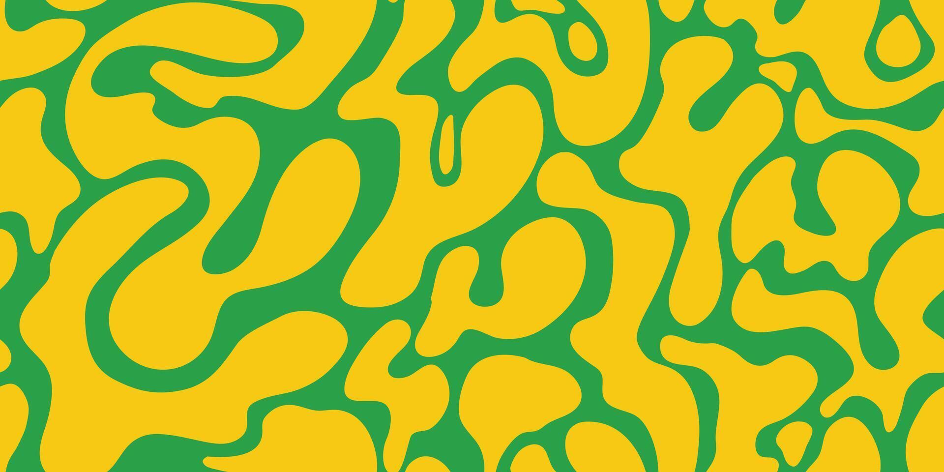 Retro Abstract Seamless Pattern with Liquid Yellow Organic Forms. Decorative groovy fluid shapes isolated on green background. Hand drawn geometric bulky lines. Hippie banner vector