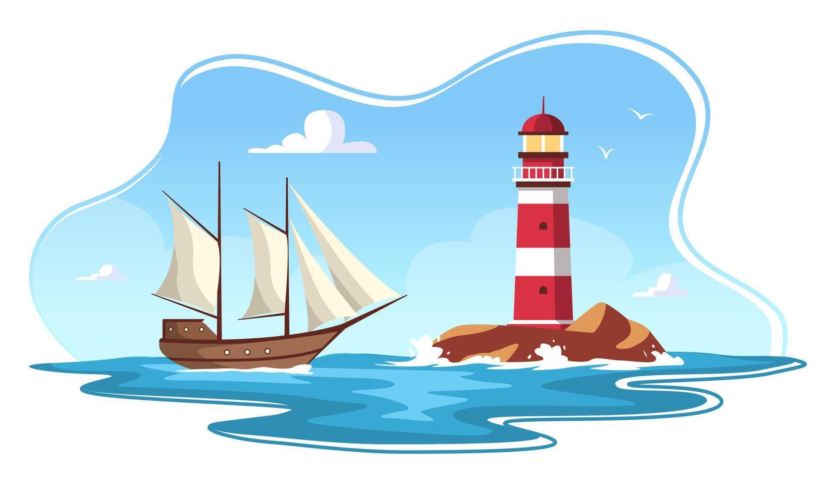 Landscape with Sailboat and Lighthouse in Sea. vector