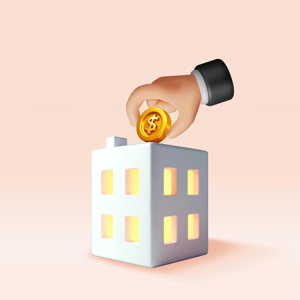 3D apartment house and golden coin in hand isolated. Render rental property investment with money attraction concept. Real estate and financial success for house mortgage loan vector