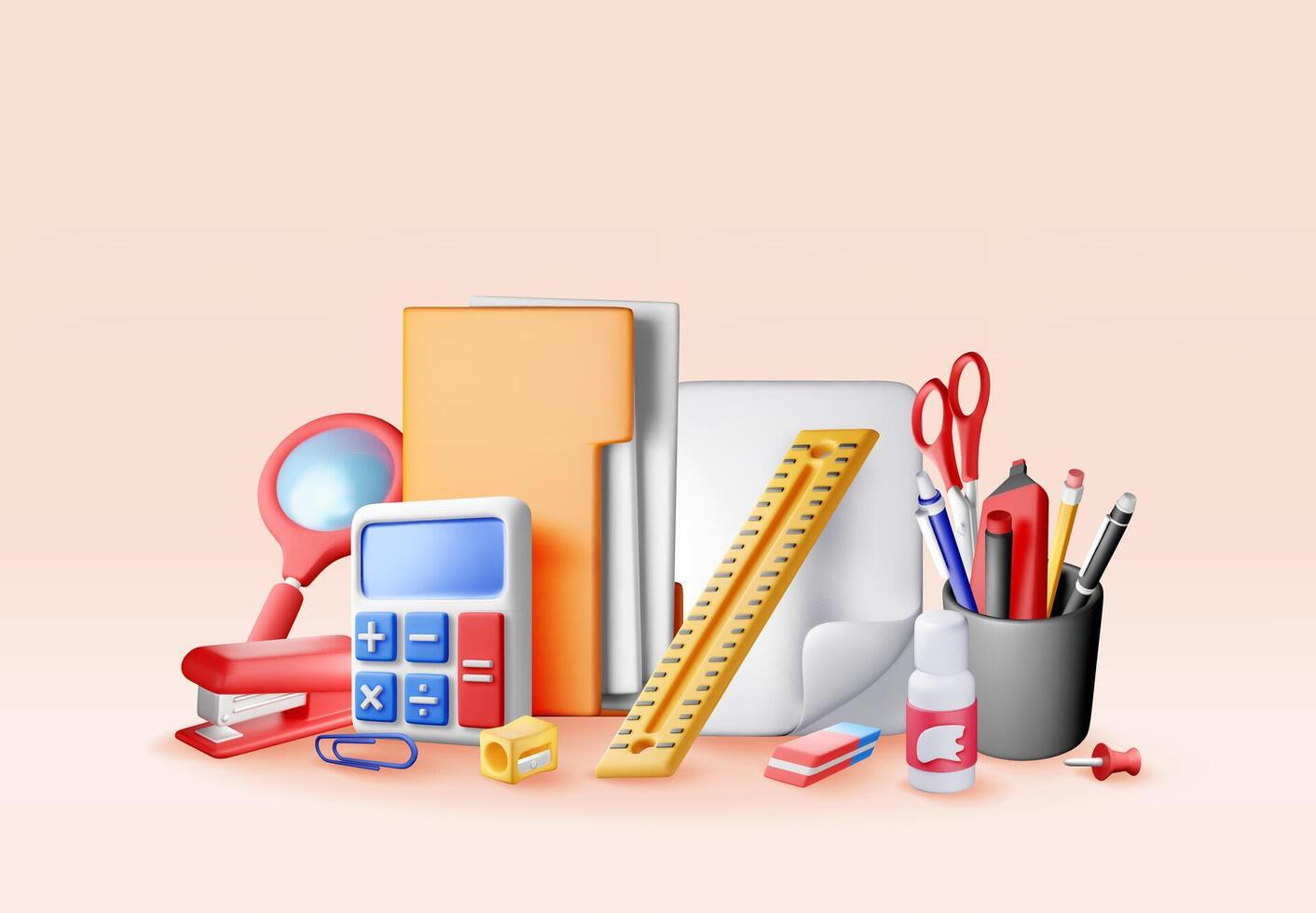 3d set of office stationery elements isolated. Render back to school essential supplies. Stationery collection for education, business, studying, learning vector