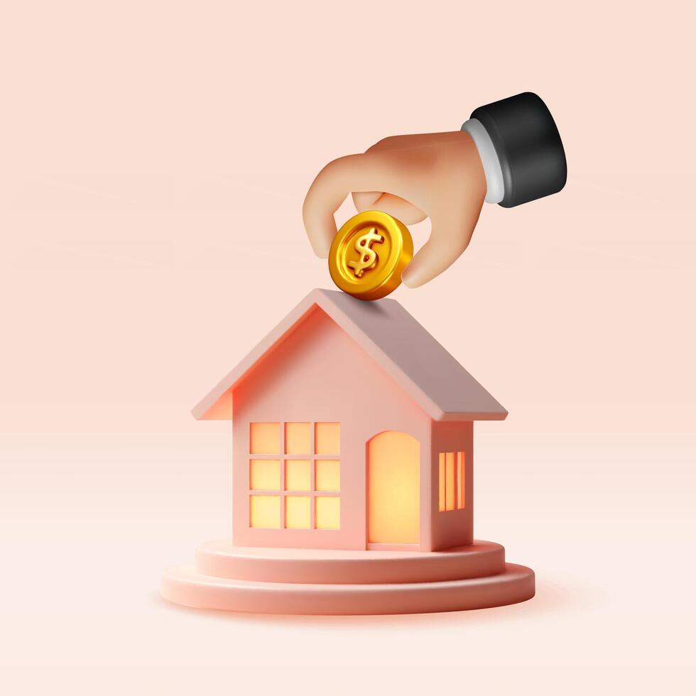 3D businessman putting gold coin in house. Render building and hand with money. Saving money for investment and home property, real estate, mortgage loan and financial planning vector