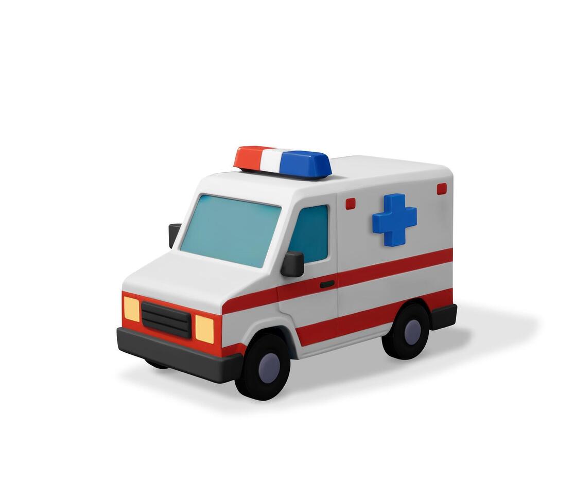 3D ambulance car with blue medical cross isolated. Rendering emergency vehicle for hospital service icon. Healthcare, emergency and urgency services. vector