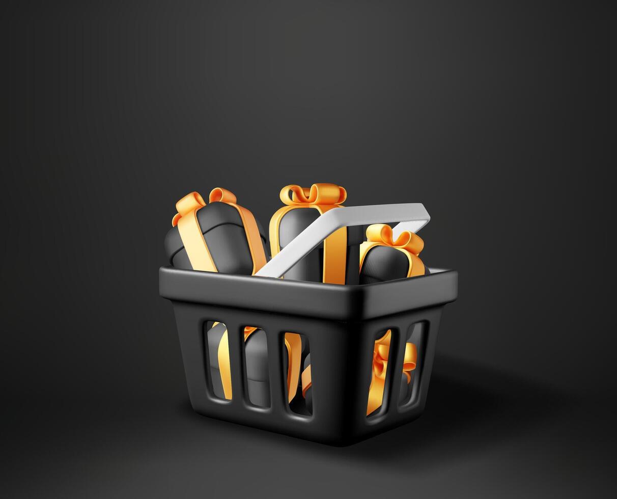 3D black shopping basket filled with gift boxes isolated. Render black friday shopping icon. Online sale concept, greeting, new year, anniversary or birthday poster with presents vector