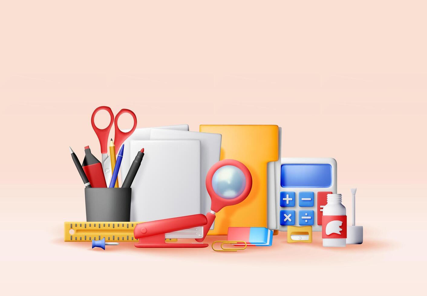 3d set of office stationery icons isolated. Render back to school essential supplies concept. Stationery collection for education, business, studying, learning and creative design. vector