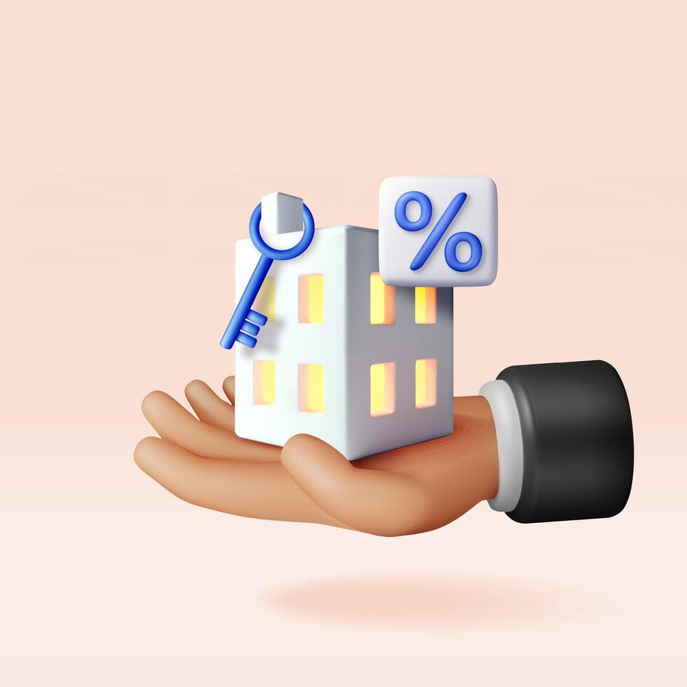 3D Businessman key holding house, key and percentage symbol. Render building in hand with percent icon. Real estate investment. Mortgage, discount for property, leasing, savings. vector