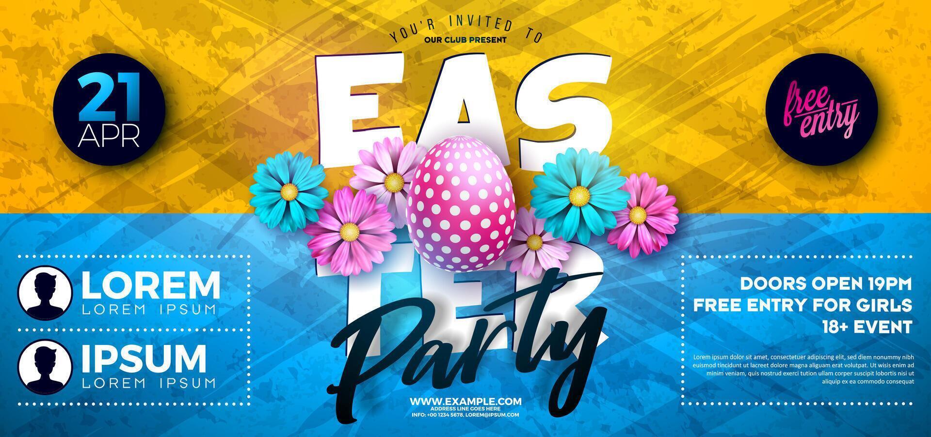 Easter Party Flyer Illustration with Flower, Painted Eggs and Typography Lettering on Blue and Yellow Background. Spring Religious Holiday Celebration Poster Design Template vector