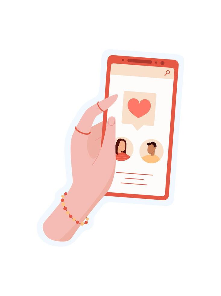 A hand holds a phone. A smartphone displays a social app on its screen. Digital media, play with chat options, and engage users online in sticker format. vector