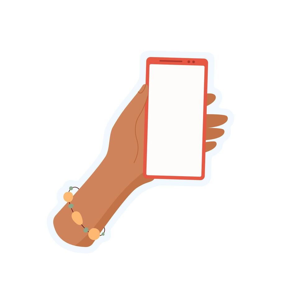 Flat sticker of a hand holding a phone. A user holds smartphone in their palm. This template of mobile device showcases interaction with application, ideal for technology concept. vector