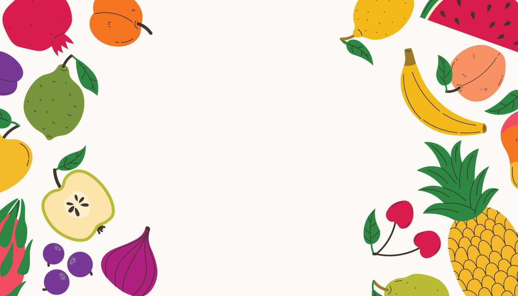 Bright summer poster with fruits and berries. Summer juicy frame with banana, watermelon and pineapple and more. Modern trendy design for card, cover, poster. vector