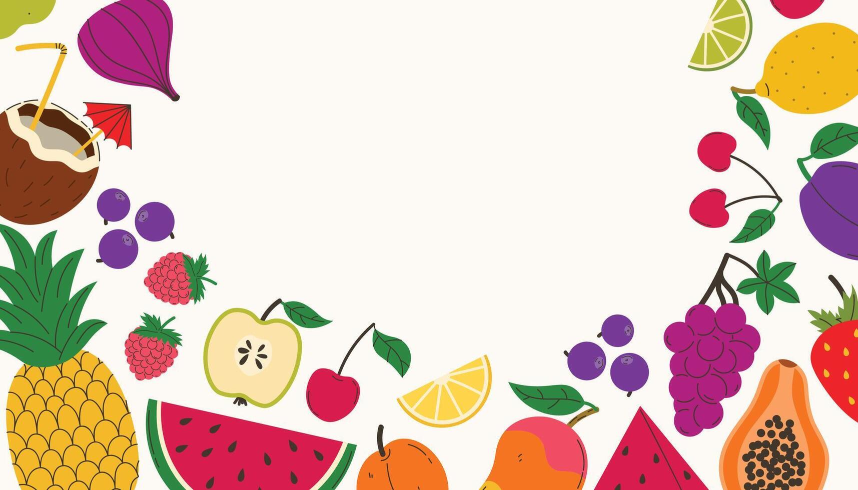 Bright summer postcard with fruits and berries. Summer juicy border with watermelon and pineapple, grapes and more. Modern trendy design for card, cover, poster. vector