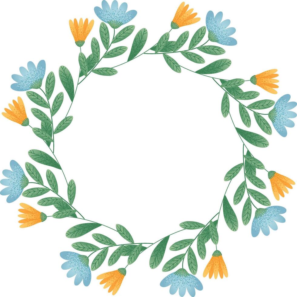 Floral Wreath with Yellow and Blue Flowers. Floral border featuring yellow and blue flowers with green leaves forming a circular pattern. For wedding invitation, greeting card. vector