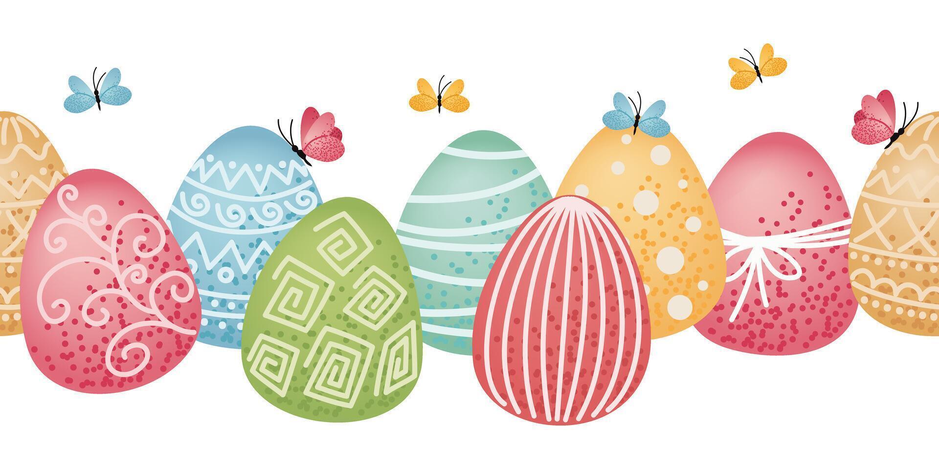 Decorative Easter eggs with intricate patterns and colorful butterflies. Seamless Easter pattern for frame or border. vector