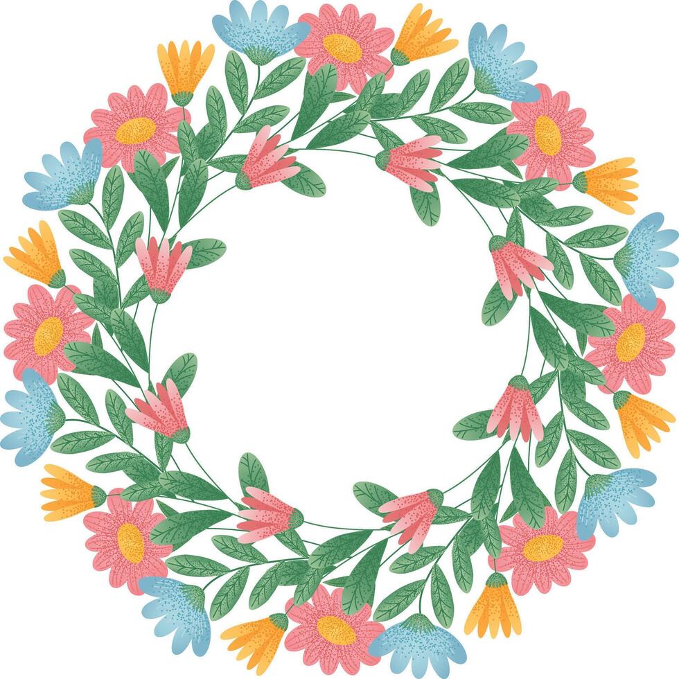 Colorful Floral Wreath with Leaves. Circular floral wreath of pink, blue, and yellow flowers with green leaves. For wedding invitation, greeting card. vector