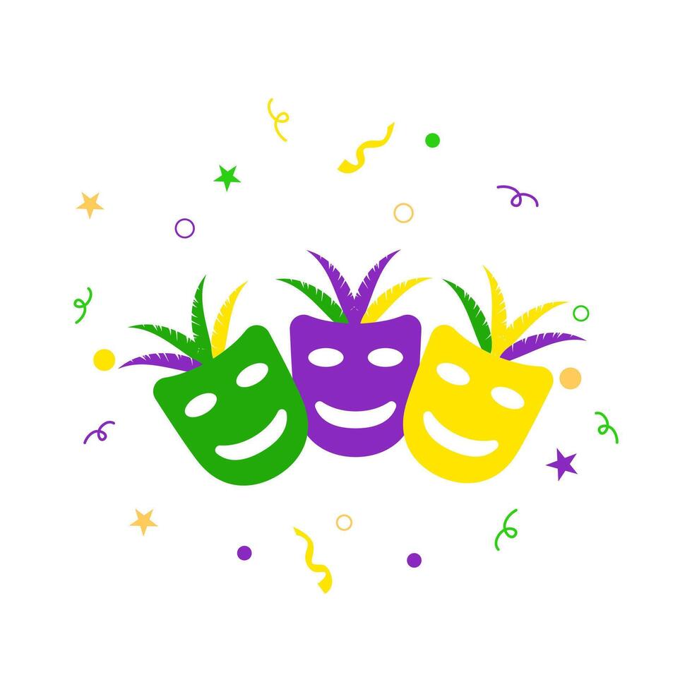 Festive Mardi Gras Masks with Feathers and Confetti Celebration vector