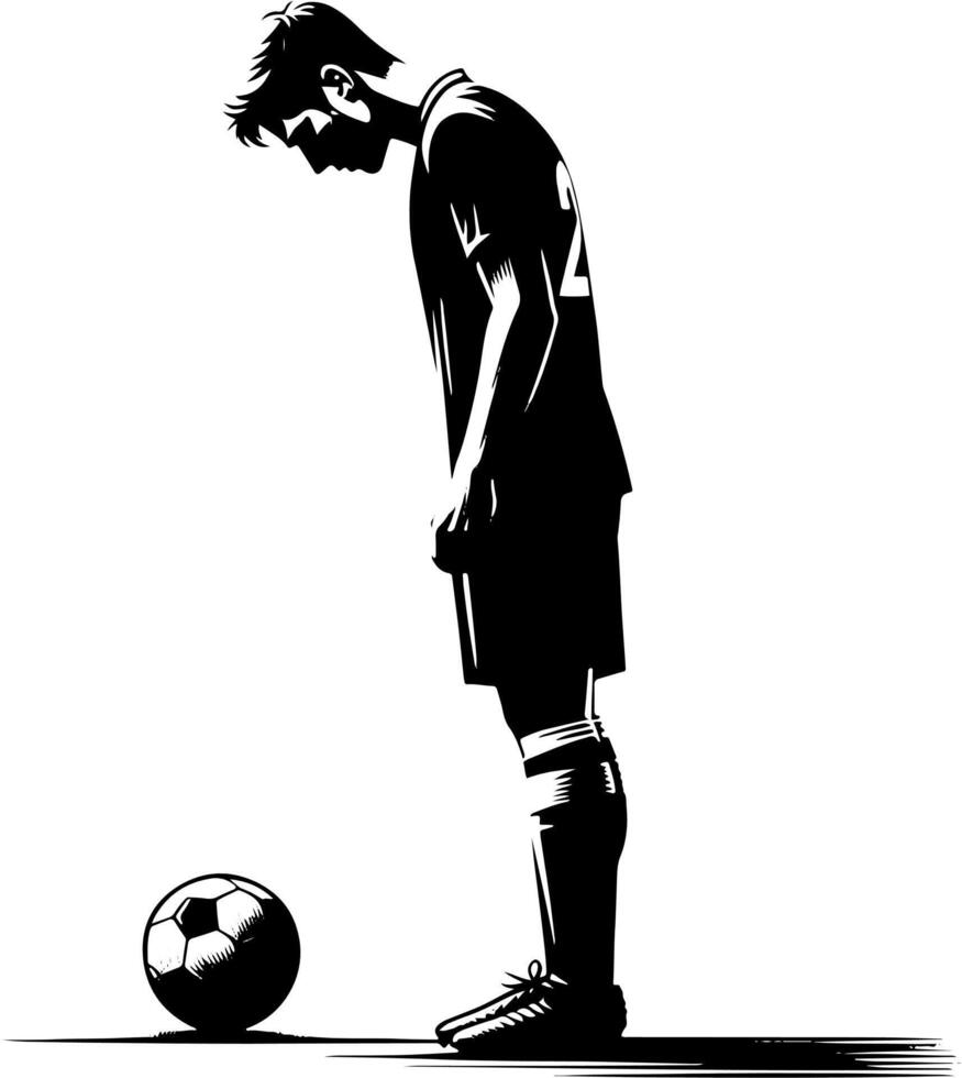 Soccer Player Looking At The Ball Before A Penalty Kick, Black And White Football Silhouette vector