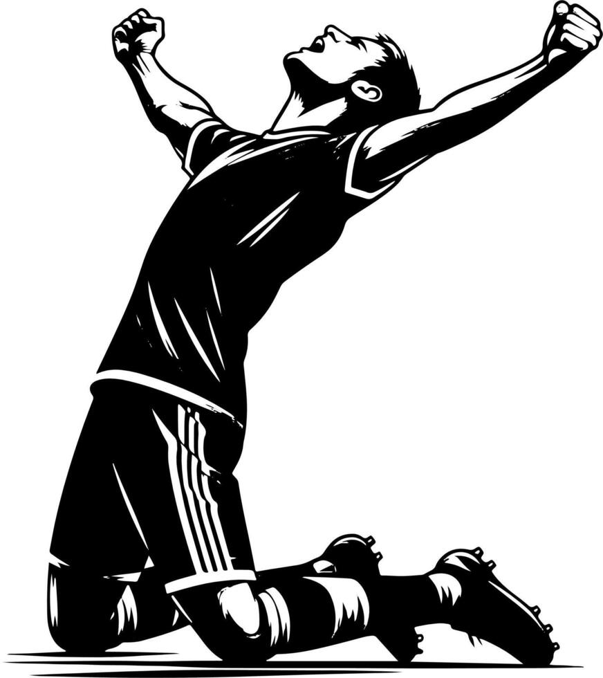 A Soccer Player Celebrating On His Knees After Scoring A Goal, Black And White Football Silhouette vector