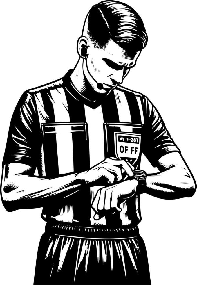 A Soccer Referee Checking His Watch, Black And White Football Silhouette vector