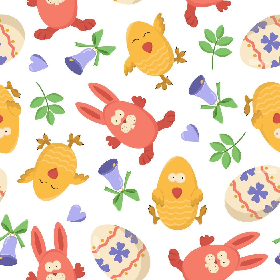 seamless pattern with Easter bunnies, chicks and eggs. Easter egg hunt invitation template on white background. Wallpaper and packaging design. vector