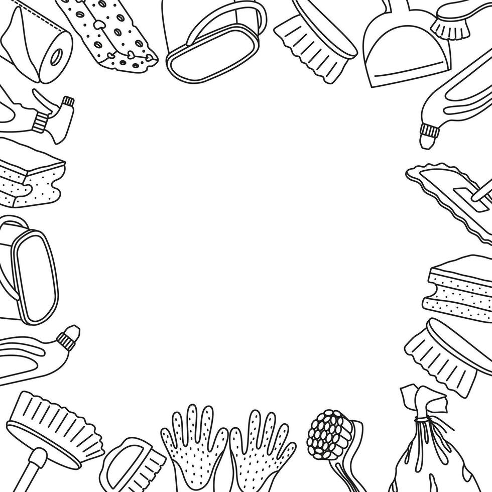 frame with cleaning items and space for text. Card with objects for sanitation in doodle style. vector