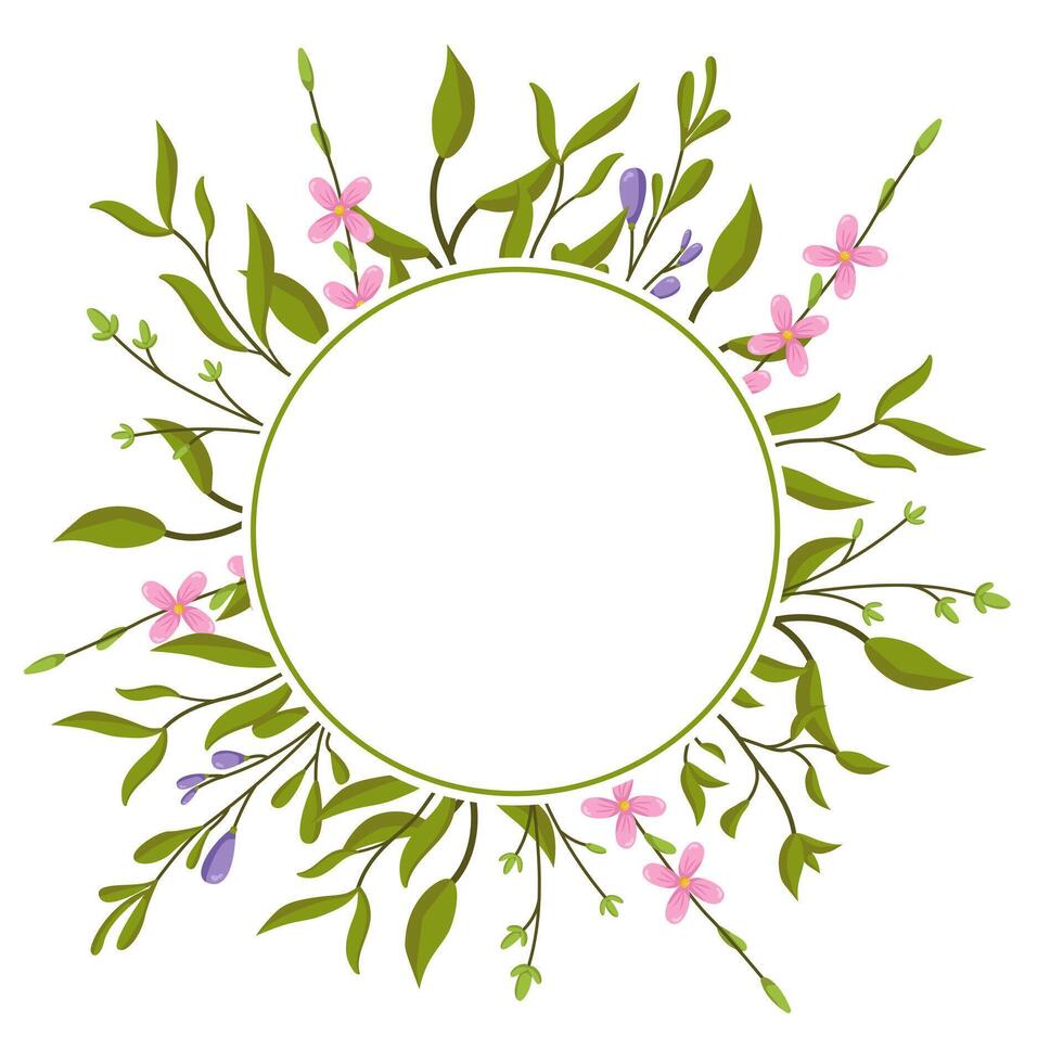 frame with delicate flower buds and leaves. Spring botanical illustration for cards and invitations with space for text. vector