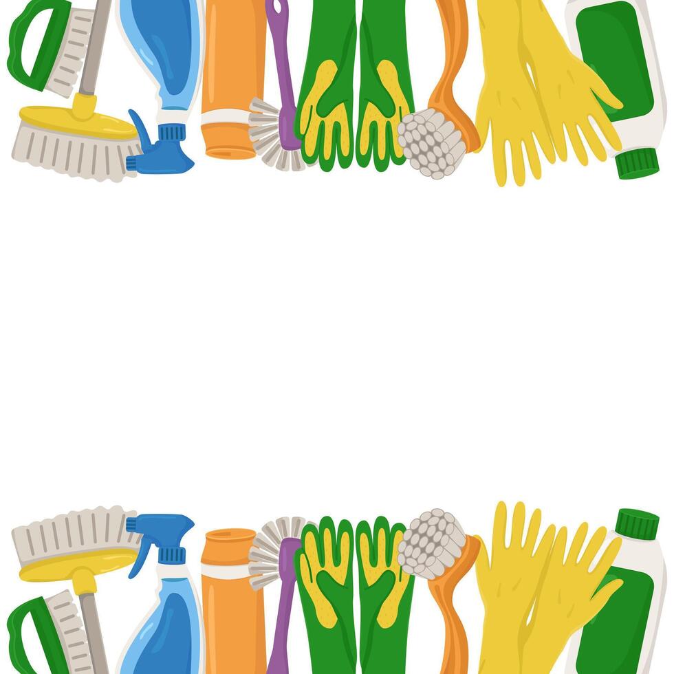 colored frame with attributes for house cleaning. Card with items for sanitation and copy space. vector