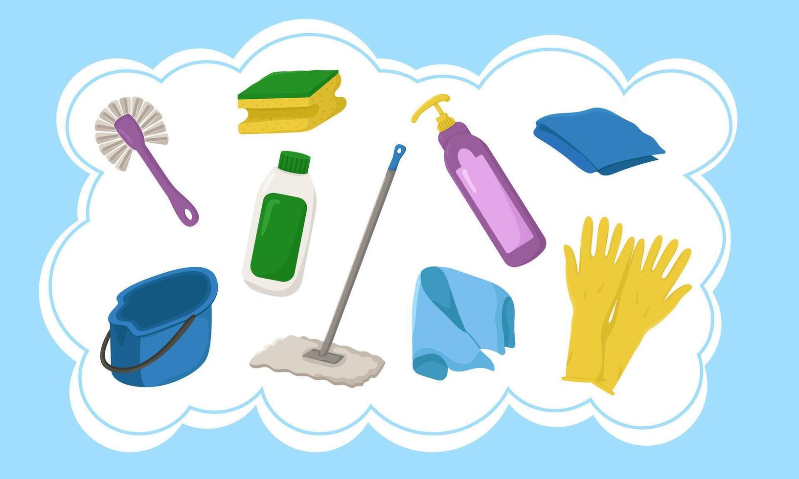 set of spring cleaning items in a frame. Horizontal banner for various designs with attributes for cleaning. vector