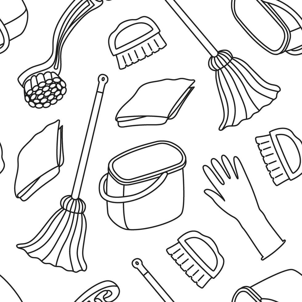 seamless pattern with attributes for cleaning the house in doodle style. Drawing for packaging and wallpaper with linear objects for cleanliness. vector