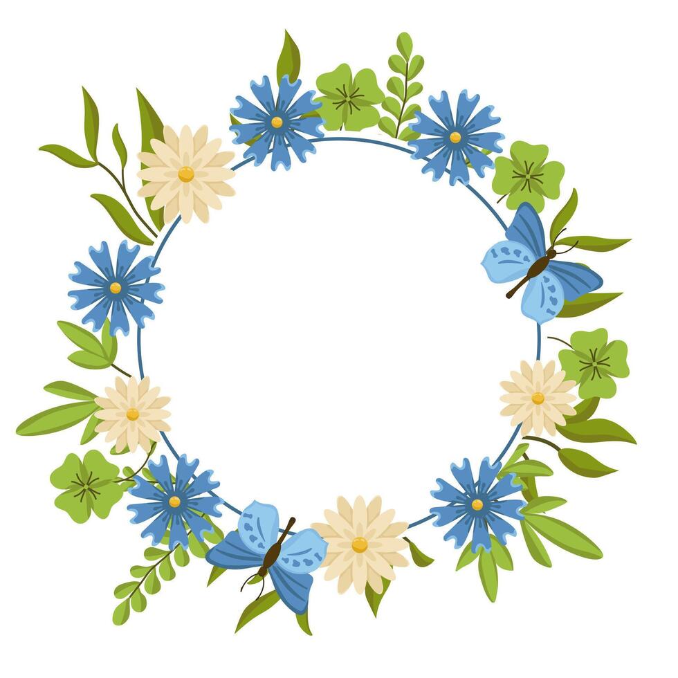 wreath with flowers and butterflies. Spring botanical illustration for cards and invitations with space for text. vector